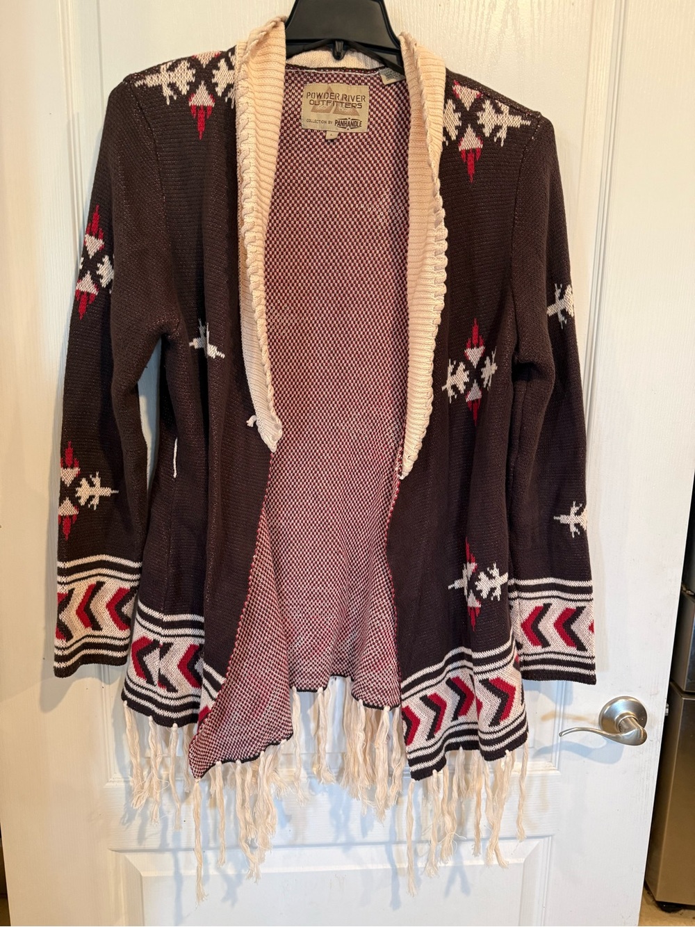 Powder River Outfitters Panhandle western brown aztec fringe cardigan large
